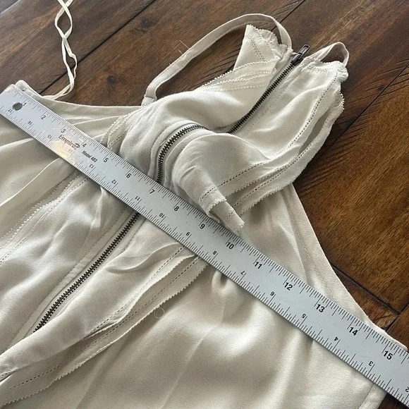 Gentle Fawn Mini Beige Cream Cascading Ruffle Zip Up spaghettini straps dress 6 - Picture 12 of 16